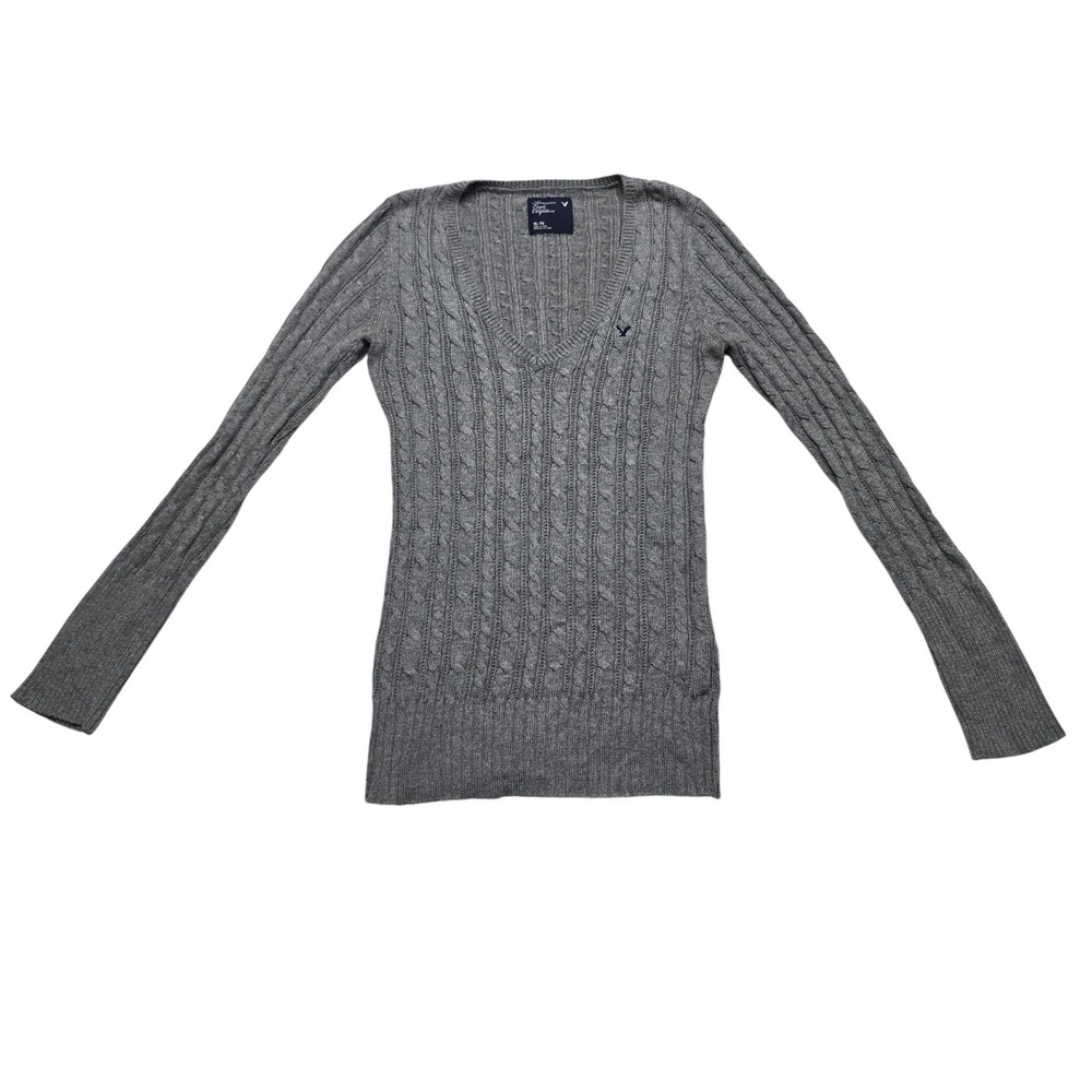 American Eagle Gray Cable Knit V-Neck Sweater Slim Fit Preppy‎ Y2K Womens XL